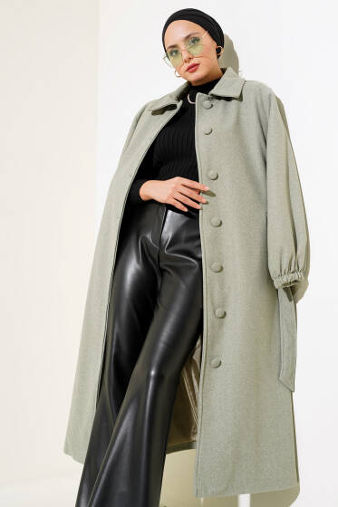 Önü Düğmeli Kuşaklı Kaşe Kaban Fıstık Yeşili - Kaban