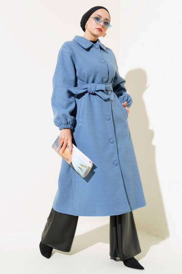 Önü Düğmeli Kuşaklı Kaşe Kaban İndigo - Kaban