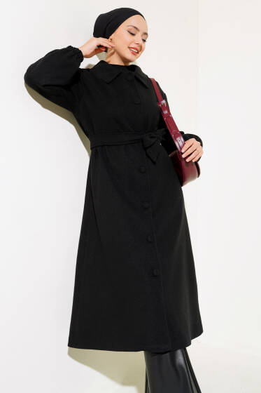 Önü Düğmeli Kuşaklı Kaşe Kaban Siyah - Kaban