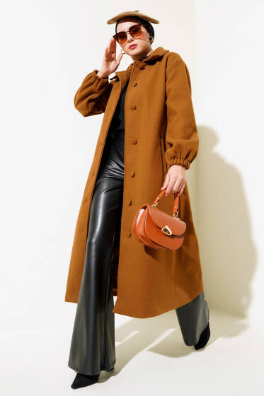 Önü Düğmeli Kuşaklı Kaşe Kaban Taba - Kaban