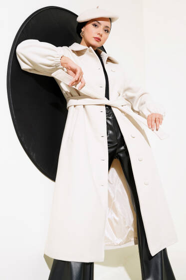 Önü Düğmeli Kuşaklı Kaşe Kaban Taş - Kaban