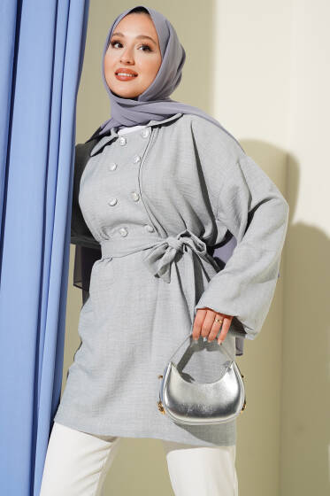 Önü Düğmeli Kuşaklı Tunik Gri - Tunik