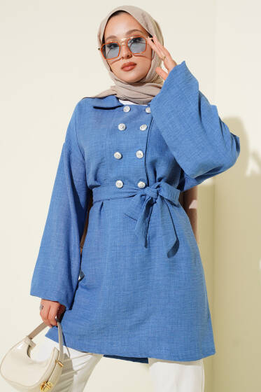 Önü Düğmeli Kuşaklı Tunik İndigo - Tunik