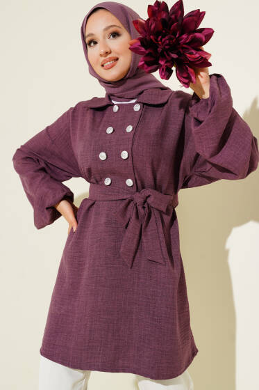 Önü Düğmeli Kuşaklı Tunik Mürdüm - Tunik