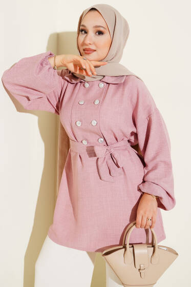 Önü Düğmeli Kuşaklı Tunik Pudra - Tunik
