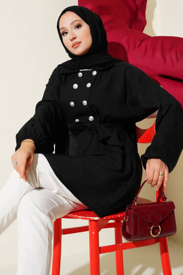 Önü Düğmeli Kuşaklı Tunik Siyah - Tunik