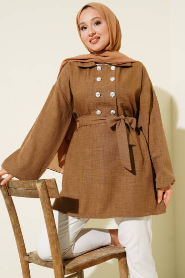 Önü Düğmeli Kuşaklı Tunik Vizon - Tunik