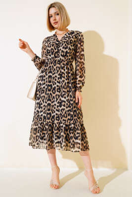 Önü Düğmeli Leopar Desen Şifon Elbise Camel - BIGDART