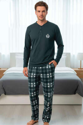 Önü Düğmeli Polar Erkek Pijama Takımı Haki - MANOLYA