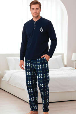 Önü Düğmeli Polar Erkek Pijama Takımı Lacivert - Pijama