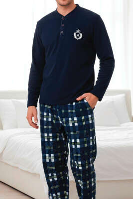 Önü Düğmeli Polar Erkek Pijama Takımı Lacivert - Pijama