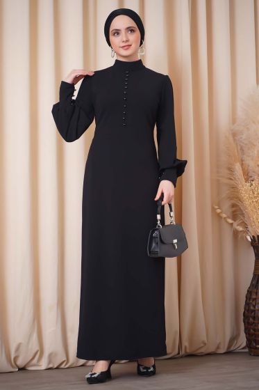 Önü Düğmeli Siyah Kalem Elbise - Tesettür Elbise