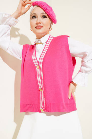 Önü Düğmeli Triko Yelek Fuşya - Triko
