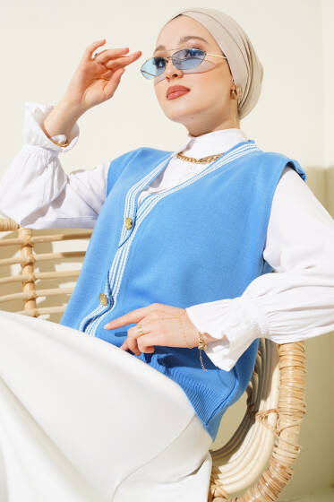 Önü Düğmeli Triko Yelek İndigo - Triko