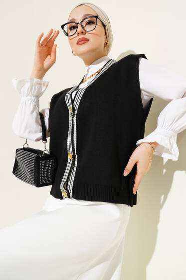Önü Düğmeli Triko Yelek Siyah - Triko