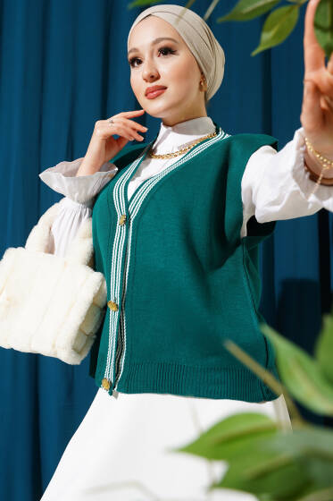 Önü Düğmeli Triko Yelek Zümrüt - Triko