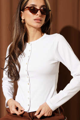 Önü Düğmeli Uzun Kol Bluz Beyaz 