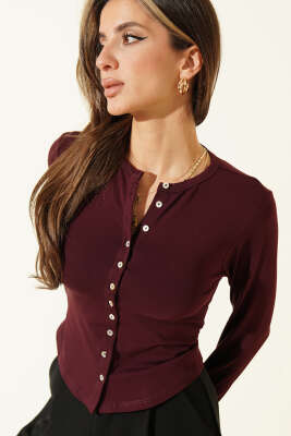 Önü Düğmeli Uzun Kol Bluz Bordo 