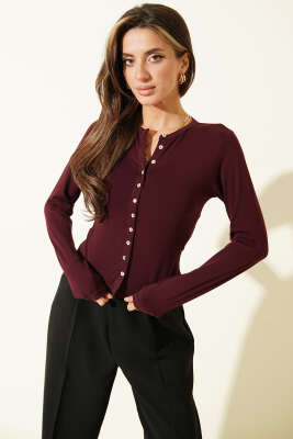 Önü Düğmeli Uzun Kol Bluz Bordo - Kadın Giyim Modelleri