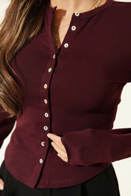 Önü Düğmeli Uzun Kol Bluz Bordo - Kadın Giyim Modelleri