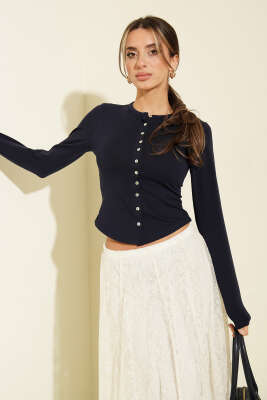 Önü Düğmeli Uzun Kol Bluz Lacivert - HELLIE