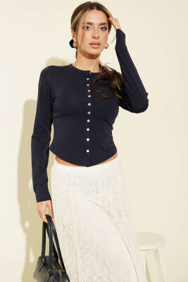 Önü Düğmeli Uzun Kol Bluz Lacivert - Kadın Giyim Modelleri