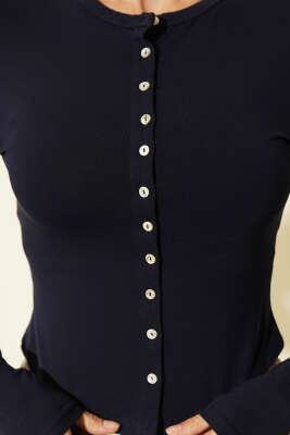 Önü Düğmeli Uzun Kol Bluz Lacivert - Kadın Giyim Modelleri