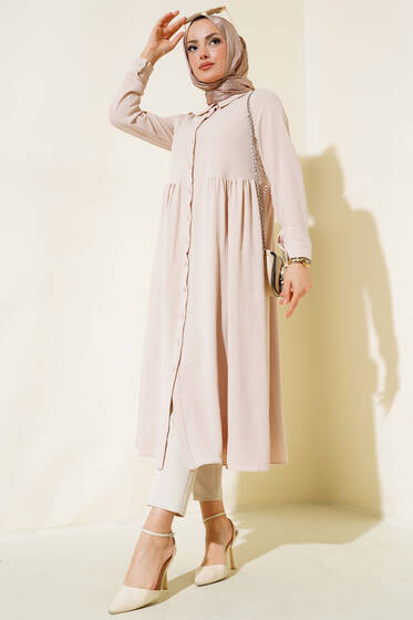Önü Düğmeli Uzun Tunik Bej - Tunik