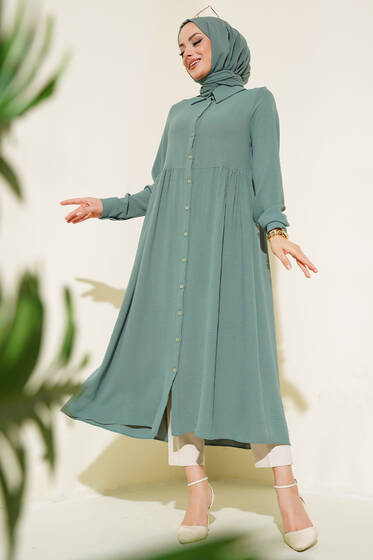 Önü Düğmeli Uzun Tunik Çağla Yeşili - Tunik