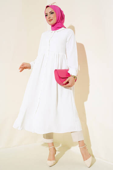 Önü Düğmeli Uzun Tunik Ekru - Tunik