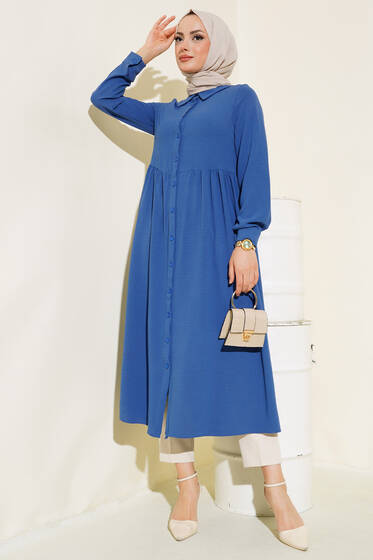 Önü Düğmeli Uzun Tunik İndigo - Tunik