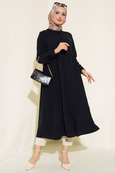 Önü Düğmeli Uzun Tunik Siyah - Tunik