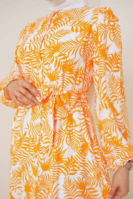 Önü Düğmeli Yaprak Desenli Elbise Hardal - Thumbnail