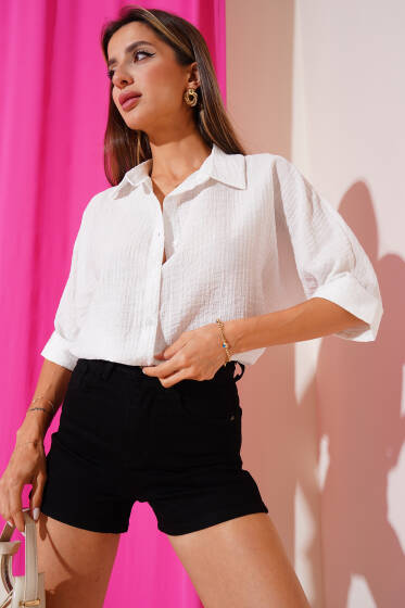 Önü Düğmeli Yarım Kollu Gömlek Beyaz - Kadın Giyim Modelleri