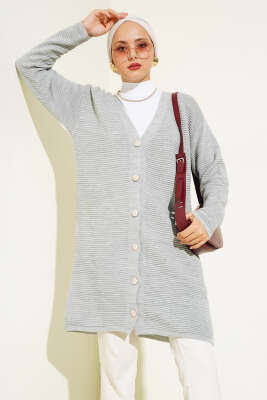 Önü Düğmeli Yatay Fitilli Triko Hırka Gri - Triko Hırka