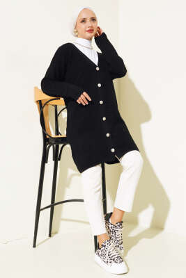 Önü Düğmeli Yatay Fitilli Triko Hırka Siyah - Triko Hırka