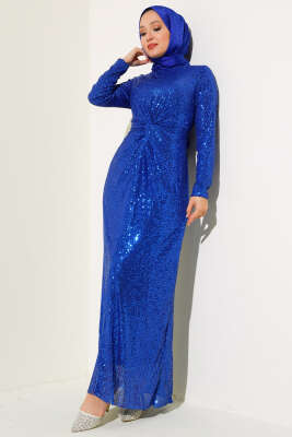 Önü Düğüm Detaylı Pul Payet Elbise Saks 