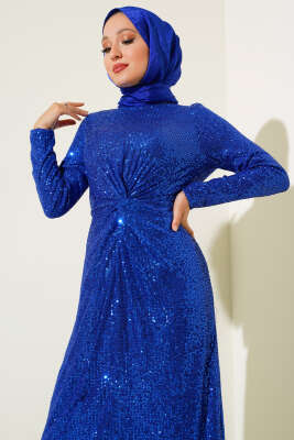 Önü Düğüm Detaylı Pul Payet Elbise Saks - Tesettür Elbise