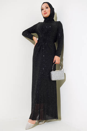 Önü Düğüm Detaylı Pul Payet Elbise Siyah - Elbise