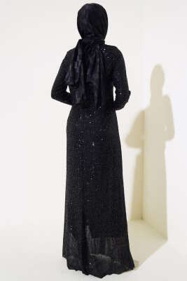 Önü Düğüm Detaylı Pul Payet Elbise Siyah - Tesettür Elbise