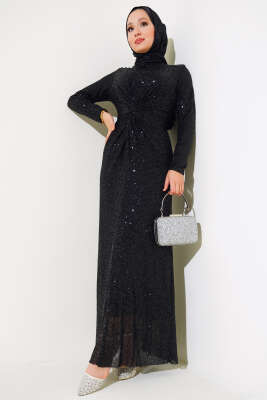 Önü Düğüm Detaylı Pul Payet Elbise Siyah - Tesettür Elbise