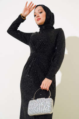 Önü Düğüm Detaylı Pul Payet Elbise Siyah - Tesettür Elbise