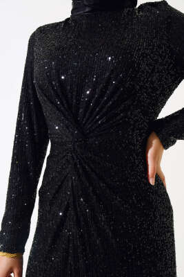 Önü Düğüm Detaylı Pul Payet Elbise Siyah - Tesettür Elbise