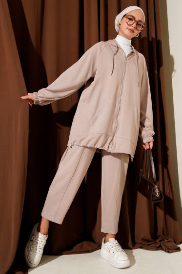 Önü Fermuarlı Kapşonlu İkili Takım Bej - İkili Takım