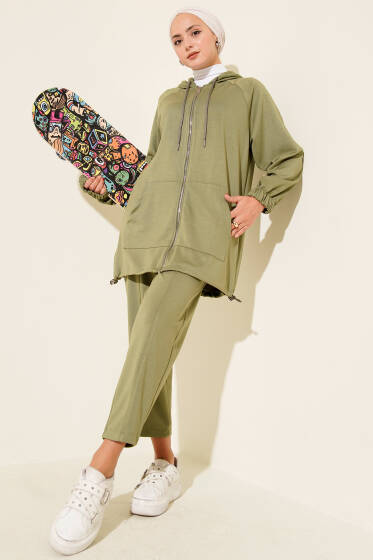 Önü Fermuarlı Kapşonlu İkili Takım Çağla Yeşili - İkili Takım