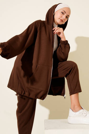 Önü Fermuarlı Kapşonlu İkili Takım Kahve - İkili Takım