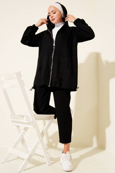 Önü Fermuarlı Kapşonlu İkili Takım Siyah - İkili Takım