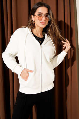 Önü Fermuarlı Kapüşonlu Hırka Ekru - Kadın Giyim Modelleri