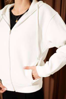 Önü Fermuarlı Kapüşonlu Hırka Ekru - Kadın Giyim Modelleri