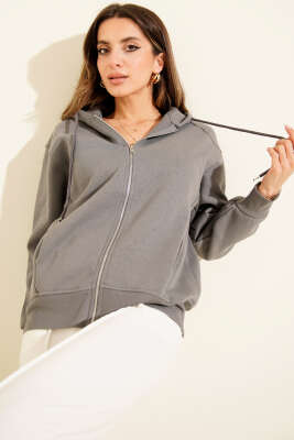 Önü Fermuarlı Kapüşonlu Hırka Gri - Kadın Giyim Modelleri